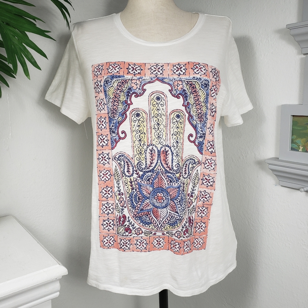 Lucky Brand White Blue Peach Pink Hamsa - Good Luck Graphics  sz Large